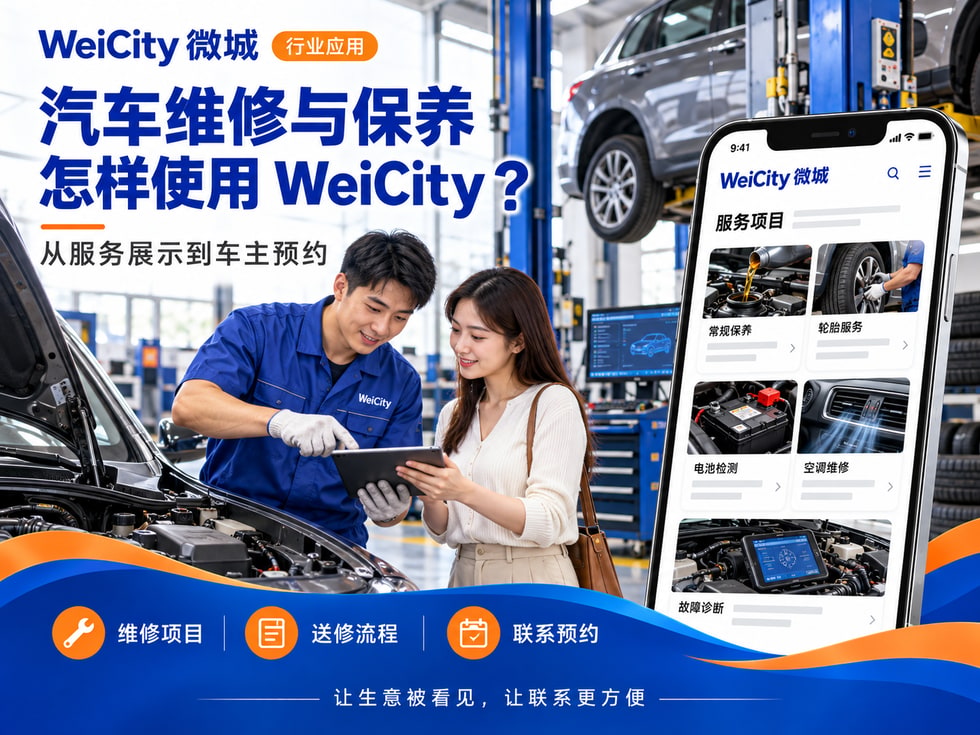 56 汽车维修与保养商家怎样使用 WeiCity?从服务展示到车主预约