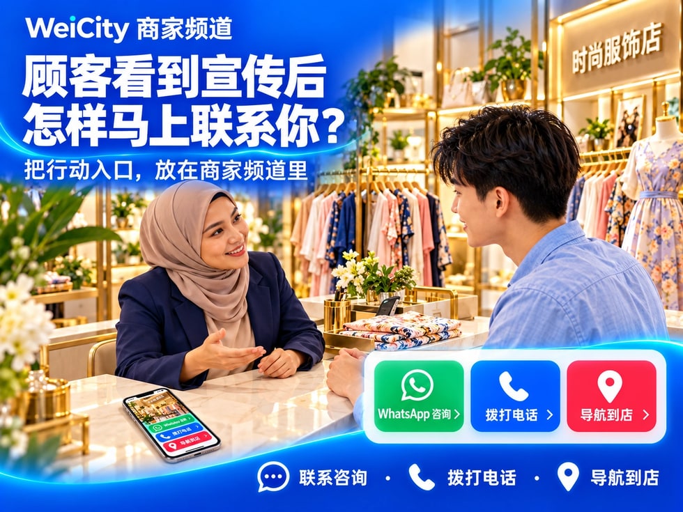 2 📲 顾客看到宣传后,怎样马上联系你?WeiCity 把行动入口放在商家频道里